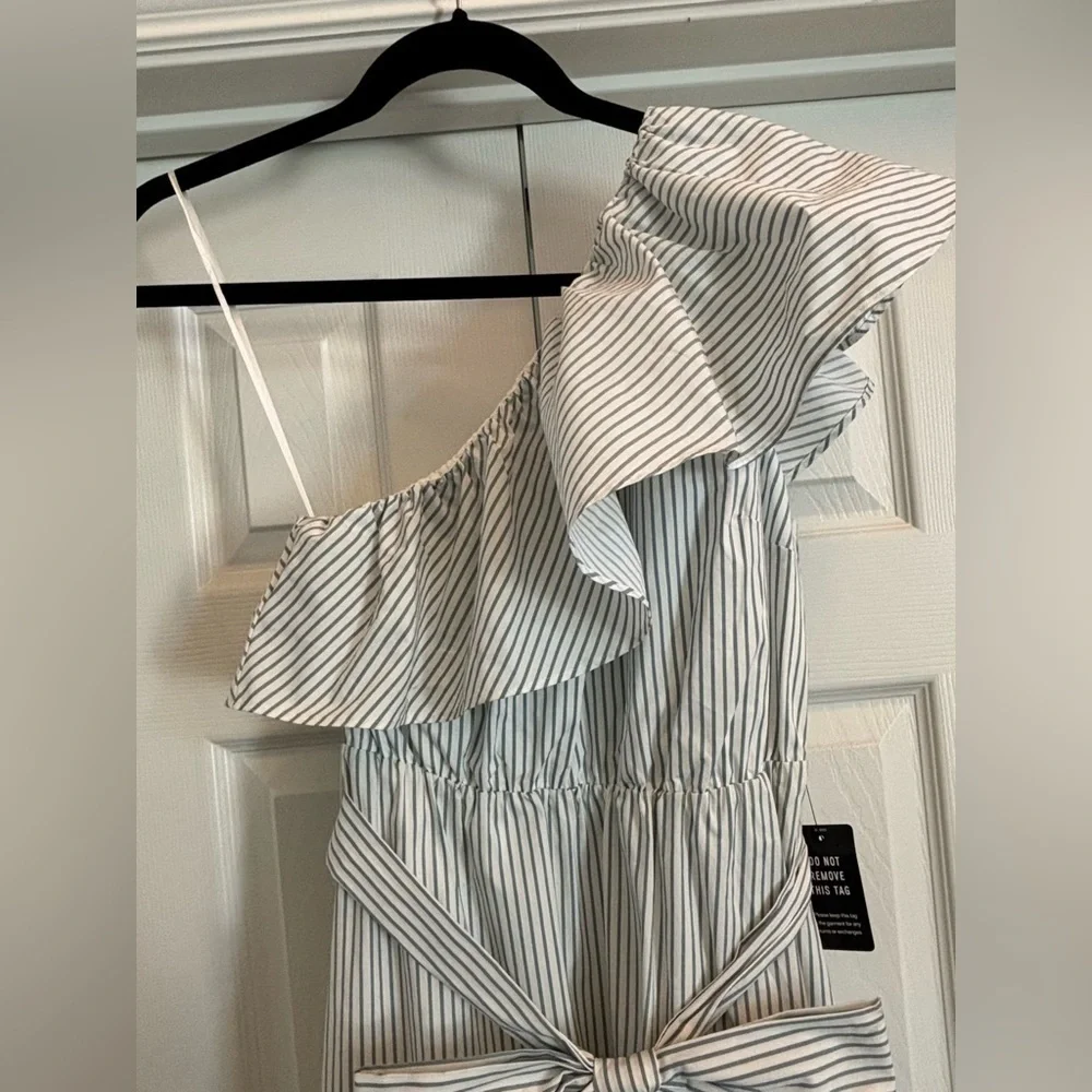 NWT Express Blue and White Ruffled Tiered, One shoulder, Maxi Dress Fully lined